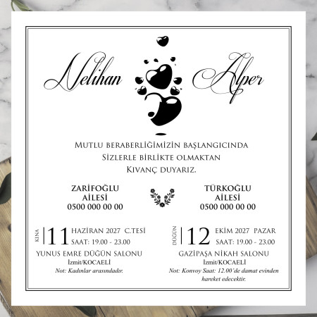 Kalp Temalı Kare Davetiye - GM-1001